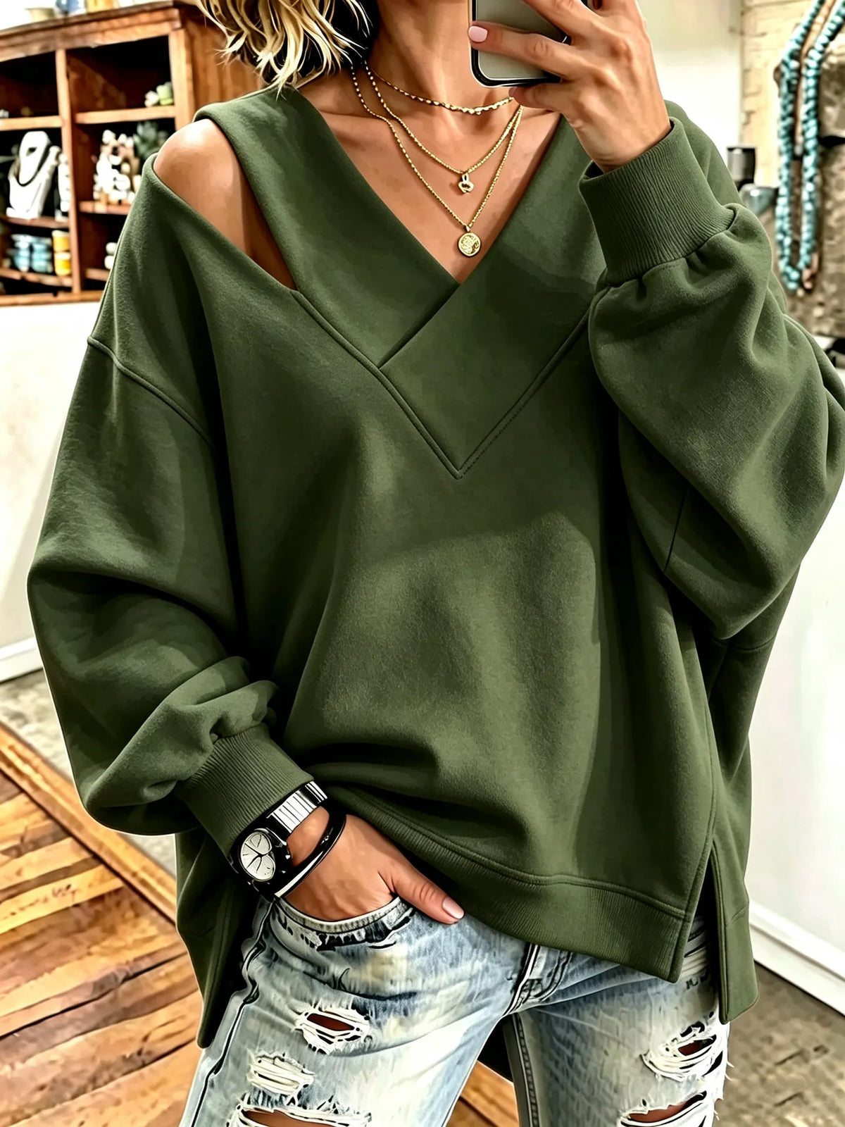 Aurelia - Soft-Touch Cutout V-Neck Sweatshirt