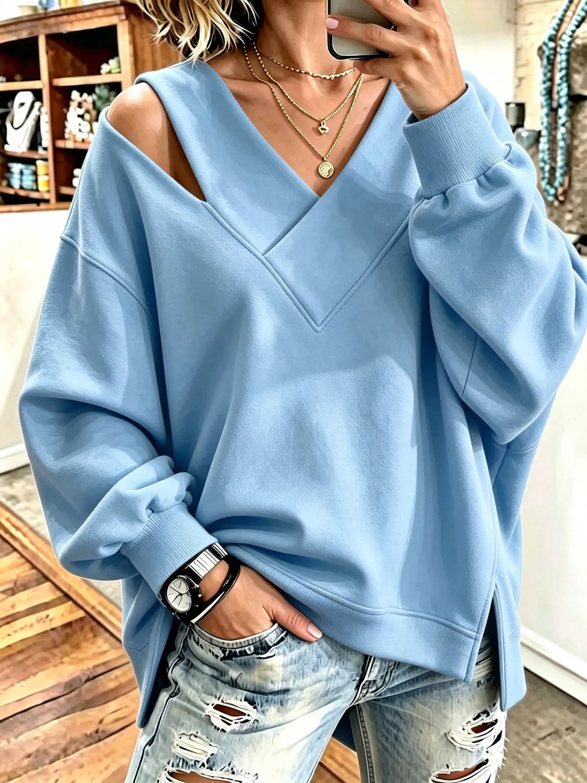 Aurelia - Soft-Touch Cutout V-Neck Sweatshirt