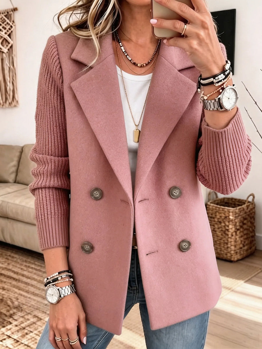 Adalene - Knit Sleeve Double Breasted Blazer